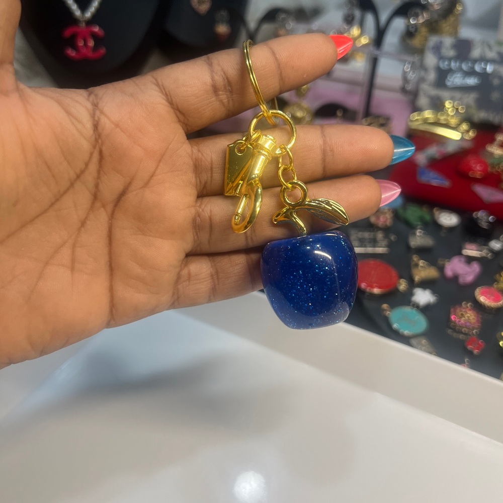 Blue Glitter Apple Keychain with Gold Accents